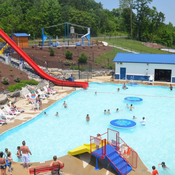 water slide and splash pool
